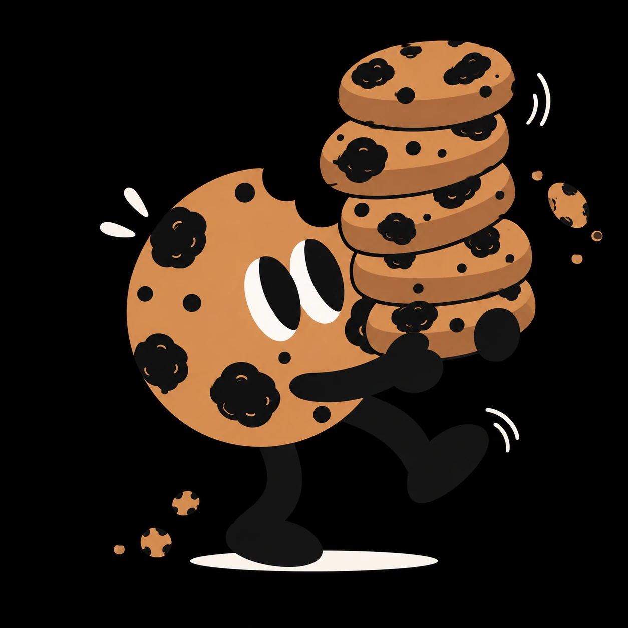 Mascote Um Momento carregando uma pilha de cookies